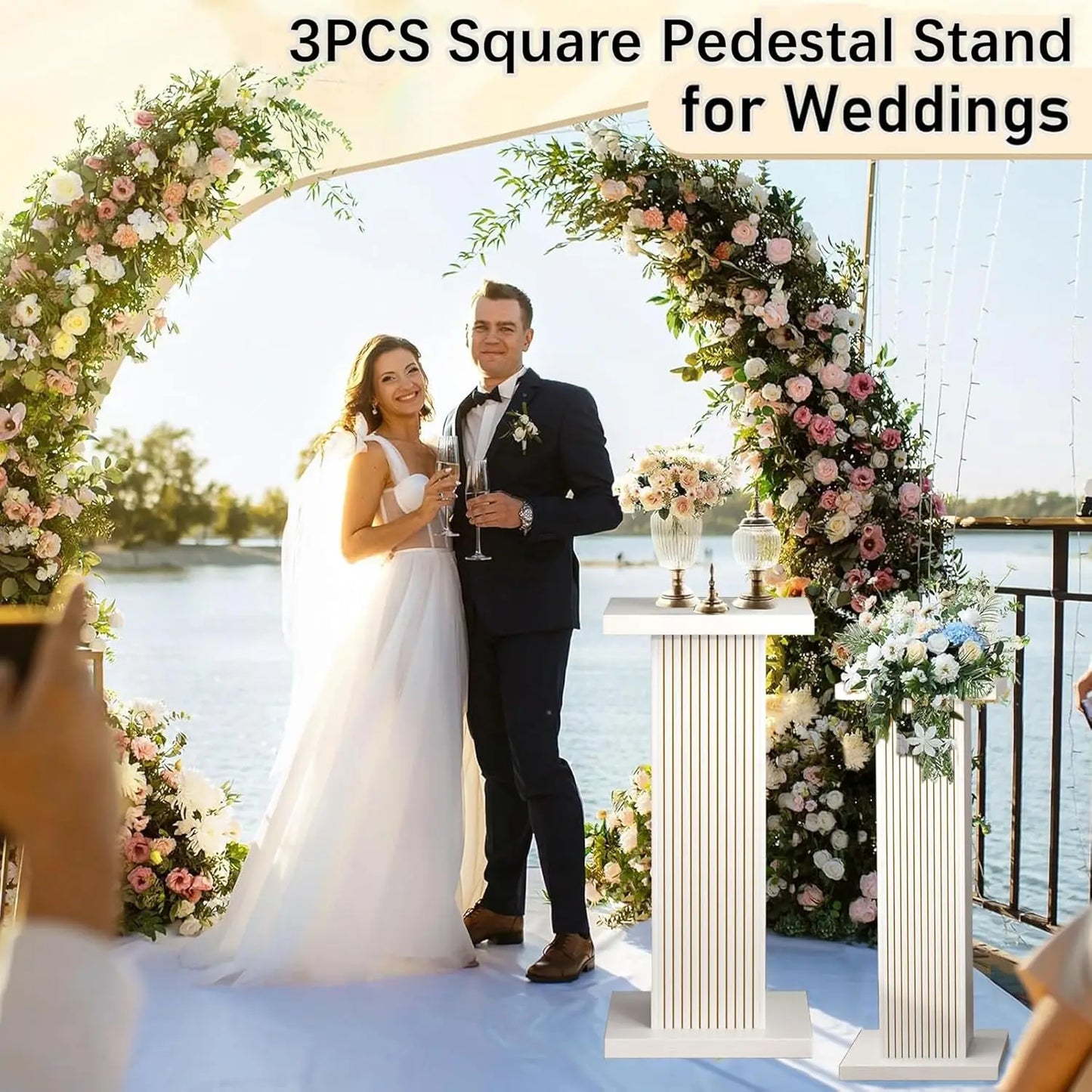 3PCS Square Pedestal Stand for Party,White Wood Display Pedestal Stands for Parties,Fluted Plinth Pillars Table Stands