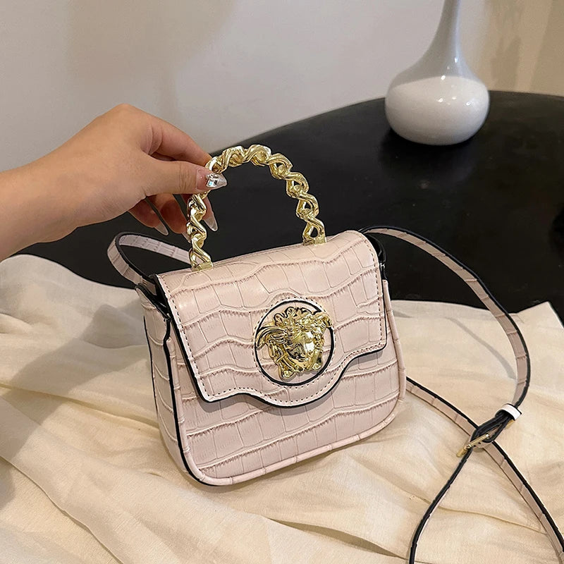 Mini Croc-Texture Crossbody Bag Gilded Medusa Logo PU Flap Magnetic Closure Chain Handle + Adjustable Strap for Daily Use