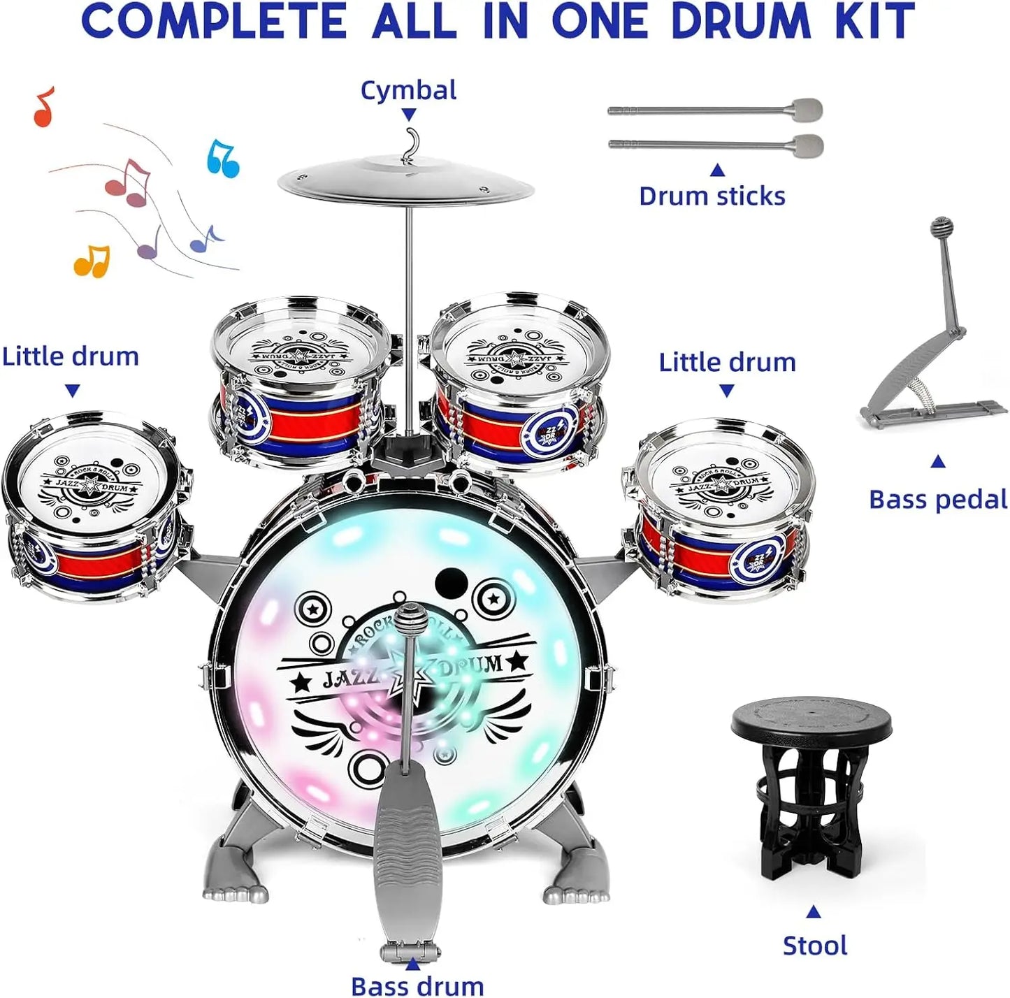 Mini Jazz Drum Set 6 Drums with Stool Musical Instruments Toy Birthday Gift for Beginners Boys Girls (with LED Light)