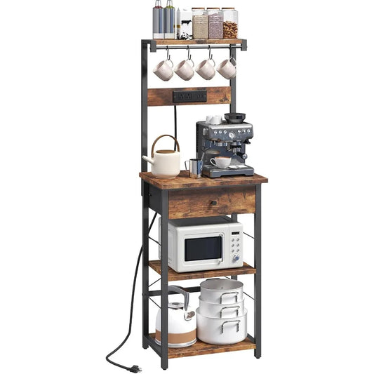 Bakers Rack with Drawer Microwave Stand with Power Outlet Coffee Bar Station with 4 Hooks Kitchen Storage Shelf Rack 4 Tiers fo