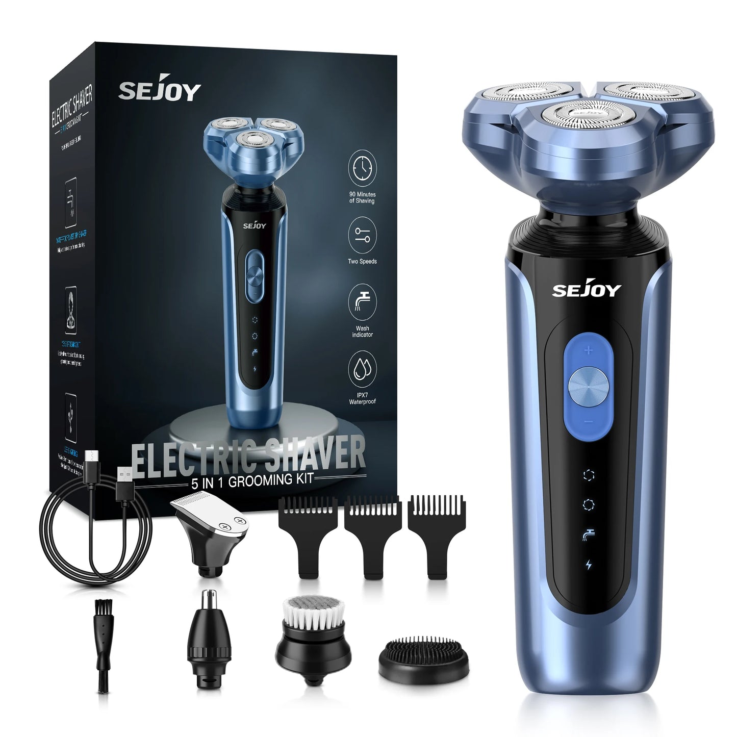 SEJOY Rotary Electric Shaver Kit Rechargeable Multi-function Beard Shaving Nose Hair Trimmer Three-head Floating Razor