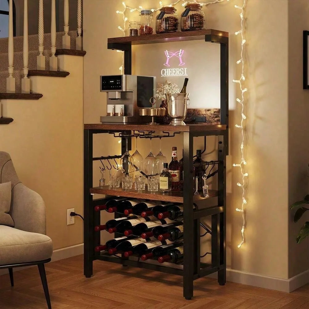 Wine Bakers Rack Table with Glass Holder and Wine Storage Space Saving Cabinet