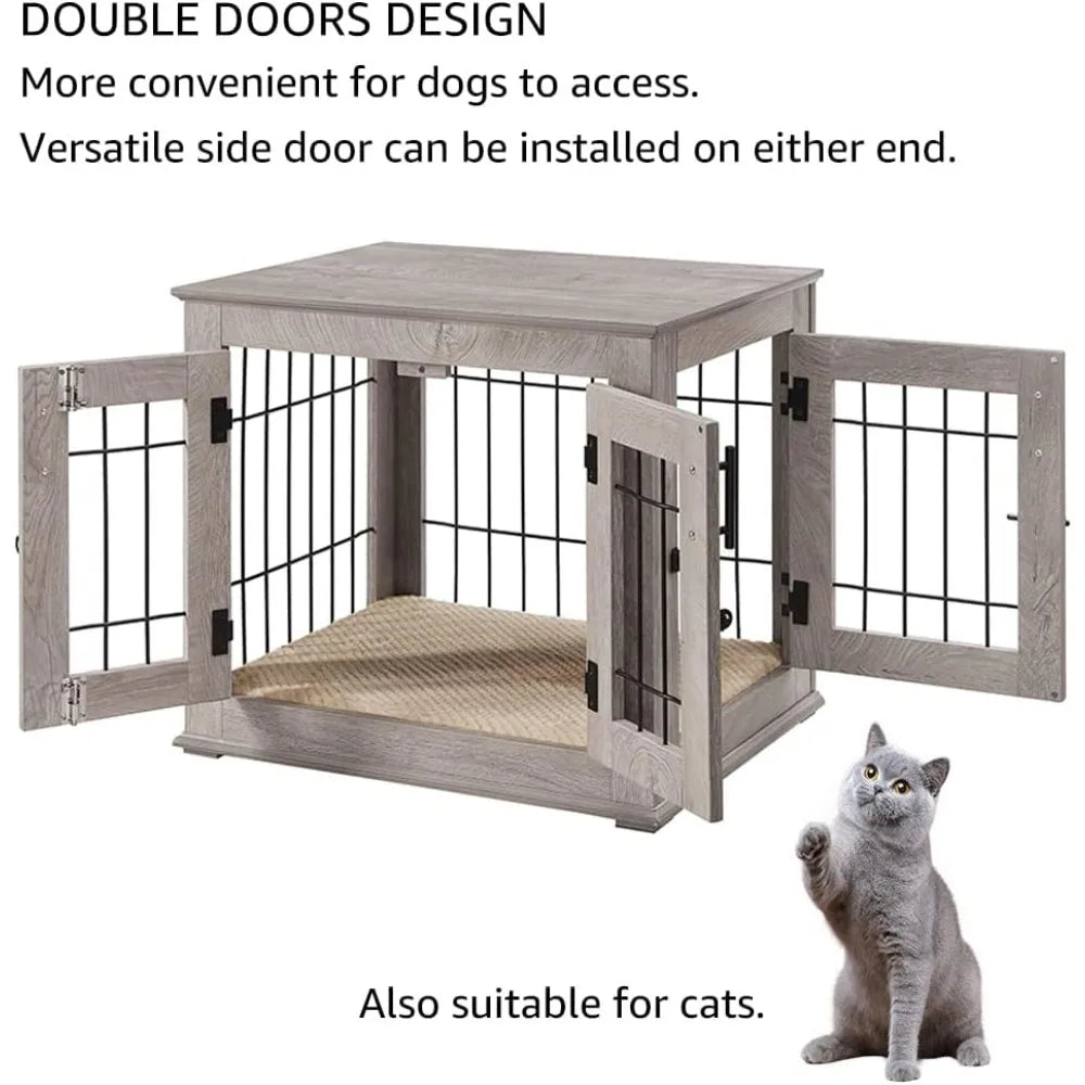 Double Door Wooden and Wire Dog Crate with Built-in Pet Bed and Decorative End Table Style