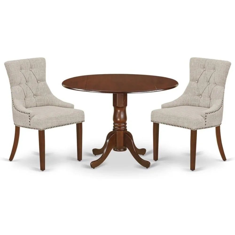DLFR3-MAH-05 3 Piece Dinette Set for Small Spaces Contains a Round Dining Table with Dropleaf and 2 Doeskin Linen Fabric Uphols