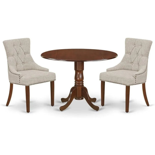 DLFR3-MAH-05 3 Piece Dinette Set for Small Spaces Contains a Round Dining Table with Dropleaf and 2 Doeskin Linen Fabric Uphols