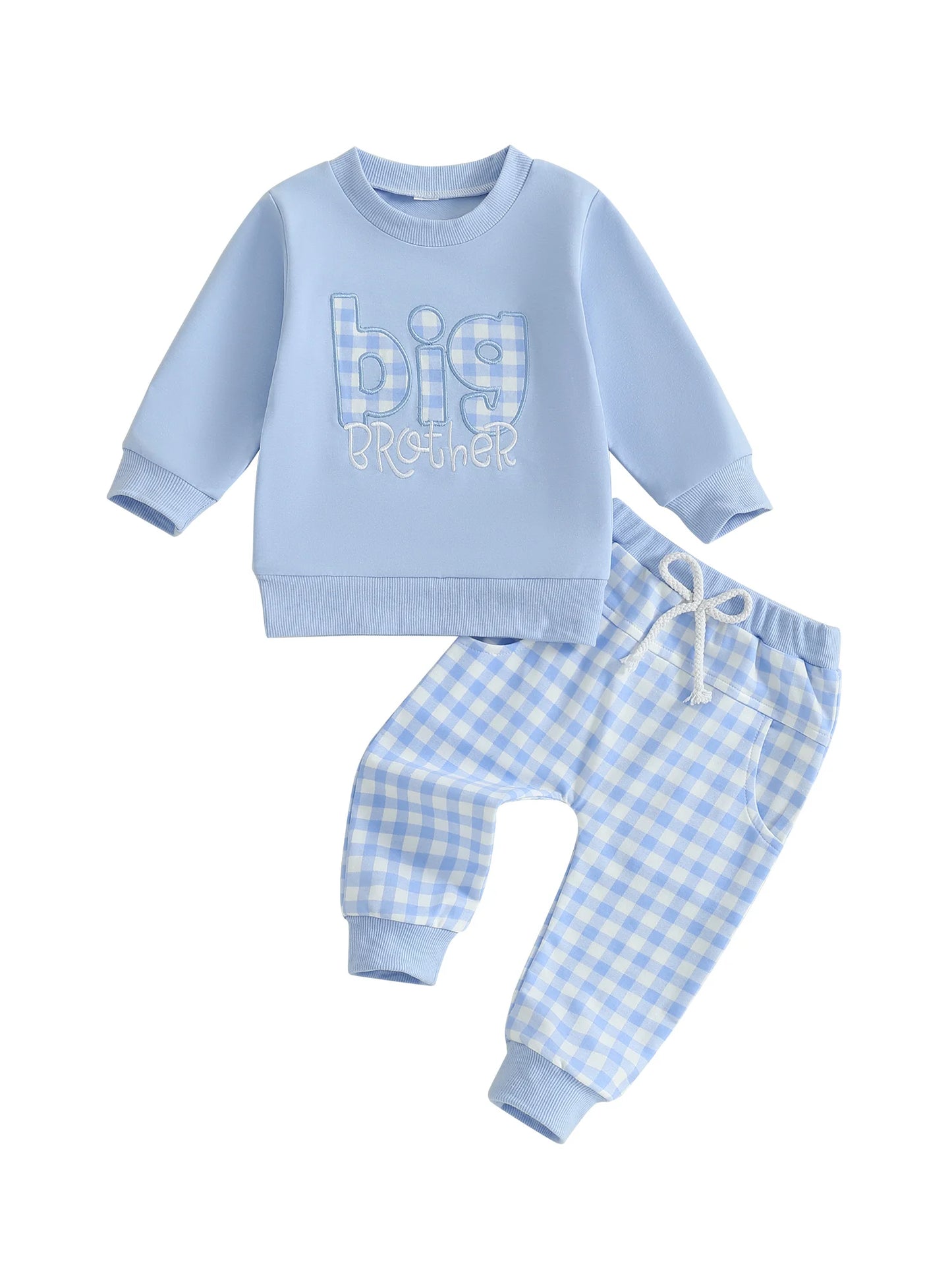 Toddler Boy Autumn Outfit with Letter Embroidery Sweatshirt and Plaid Pants Set for Baby Boys Long Sleeve Elastic Clothes