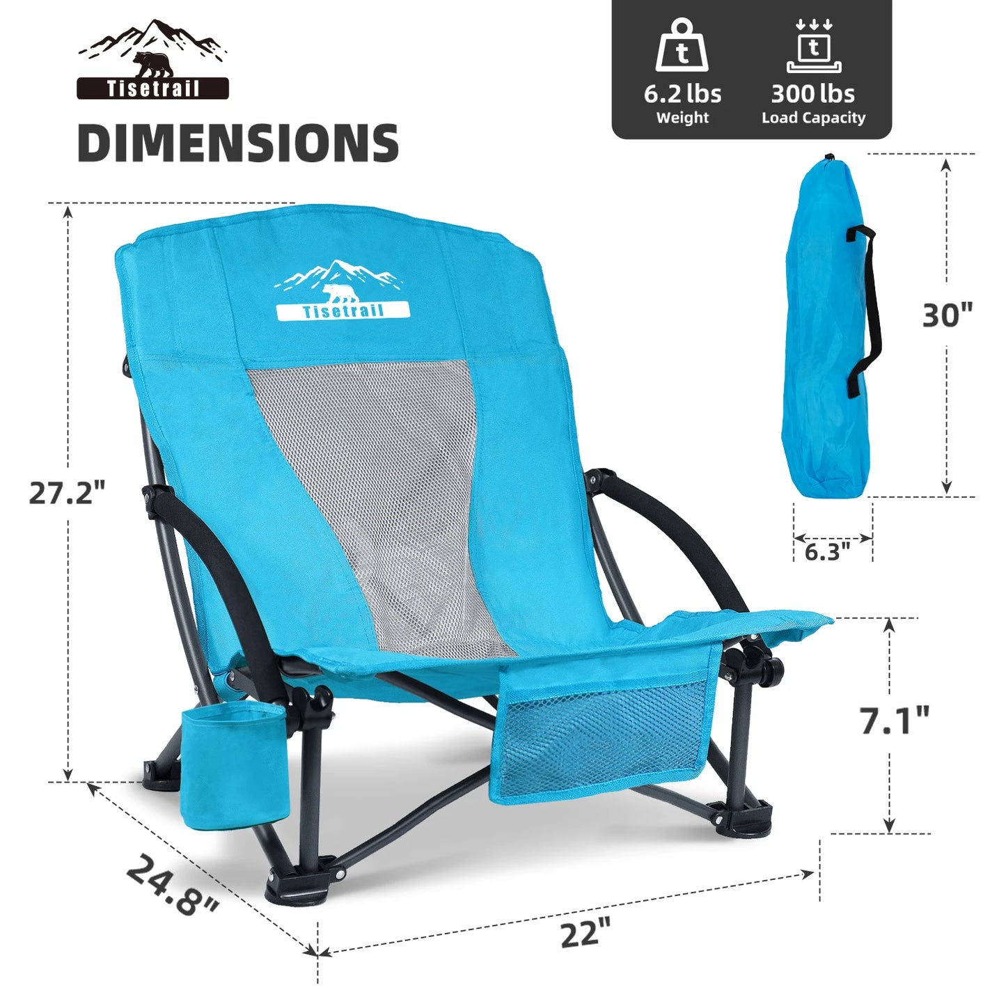 Tisetrail 2 Pack Portable Beach Chair with Cooler Bag Low Back Sling Chair with Cup Holder Folding Mesh Sand Chair Portable