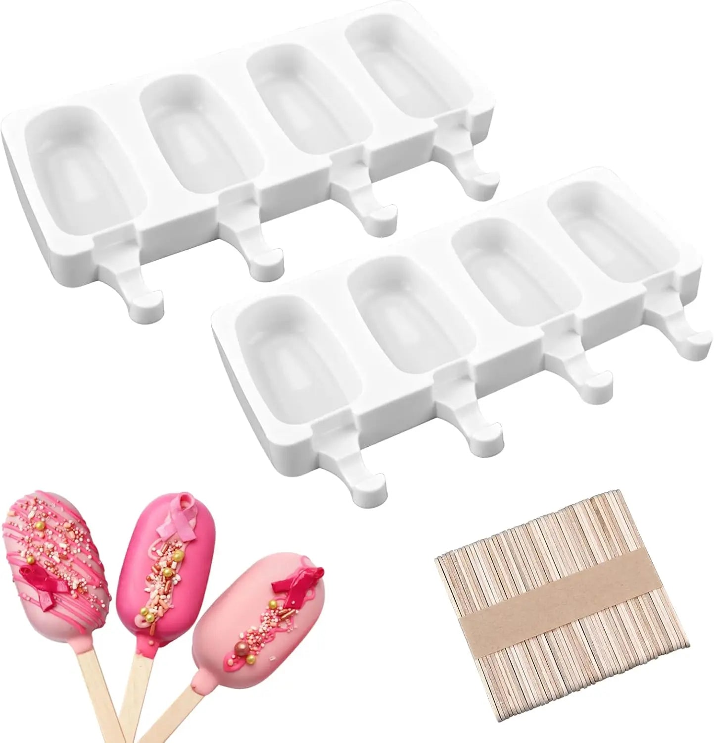 2-Pack White Silicone Popsicle Molds, 4-Cav Oval. Includes 50 sticks for cake pops, ice cream.