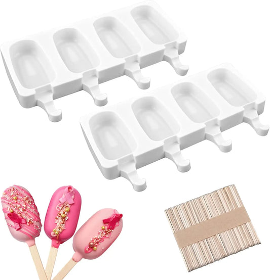 2-Pack White Silicone Popsicle Molds, 4-Cav Oval. Includes 50 sticks for cake pops, ice cream.
