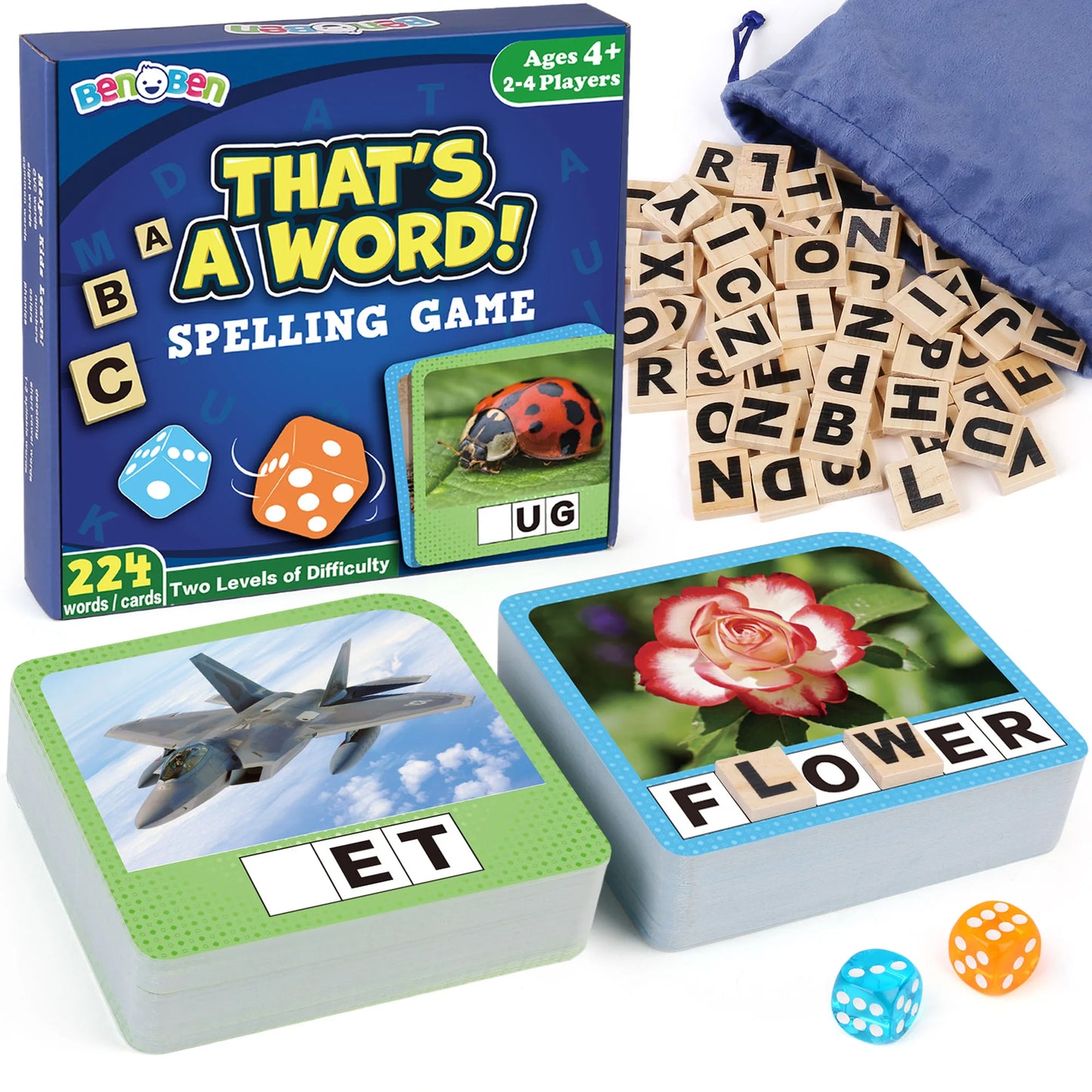 BenBen Spelling Games w/ 224 Flash cards, Learning Games for Kids, Educational Toys for Kindergarten Preschool Classroom
