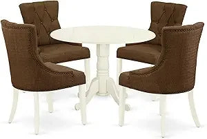 DLFR3-MAH-05 3 Piece Dinette Set for Small Spaces Contains a Round Dining Table with Dropleaf and 2 Doeskin Linen Fabric Uphols
