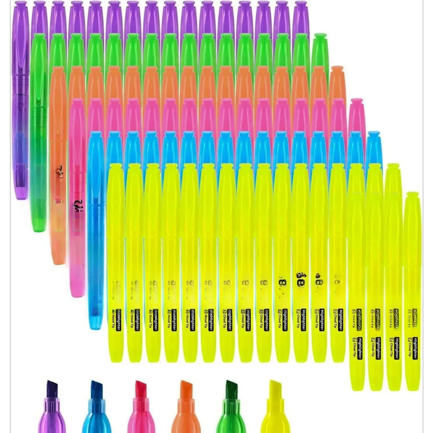 Highlighters, 100 packs of stylish and bright colored highlighters, 6 color highlighters in bulk, quick dry highlighters