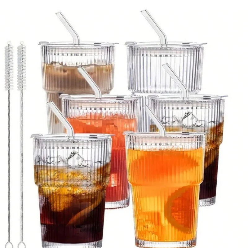 6 pieces, 13.5oz/400ml, ribbed glassware vintage vertical striped glass cup-an elegant drinking utensil suitable for iced coffee