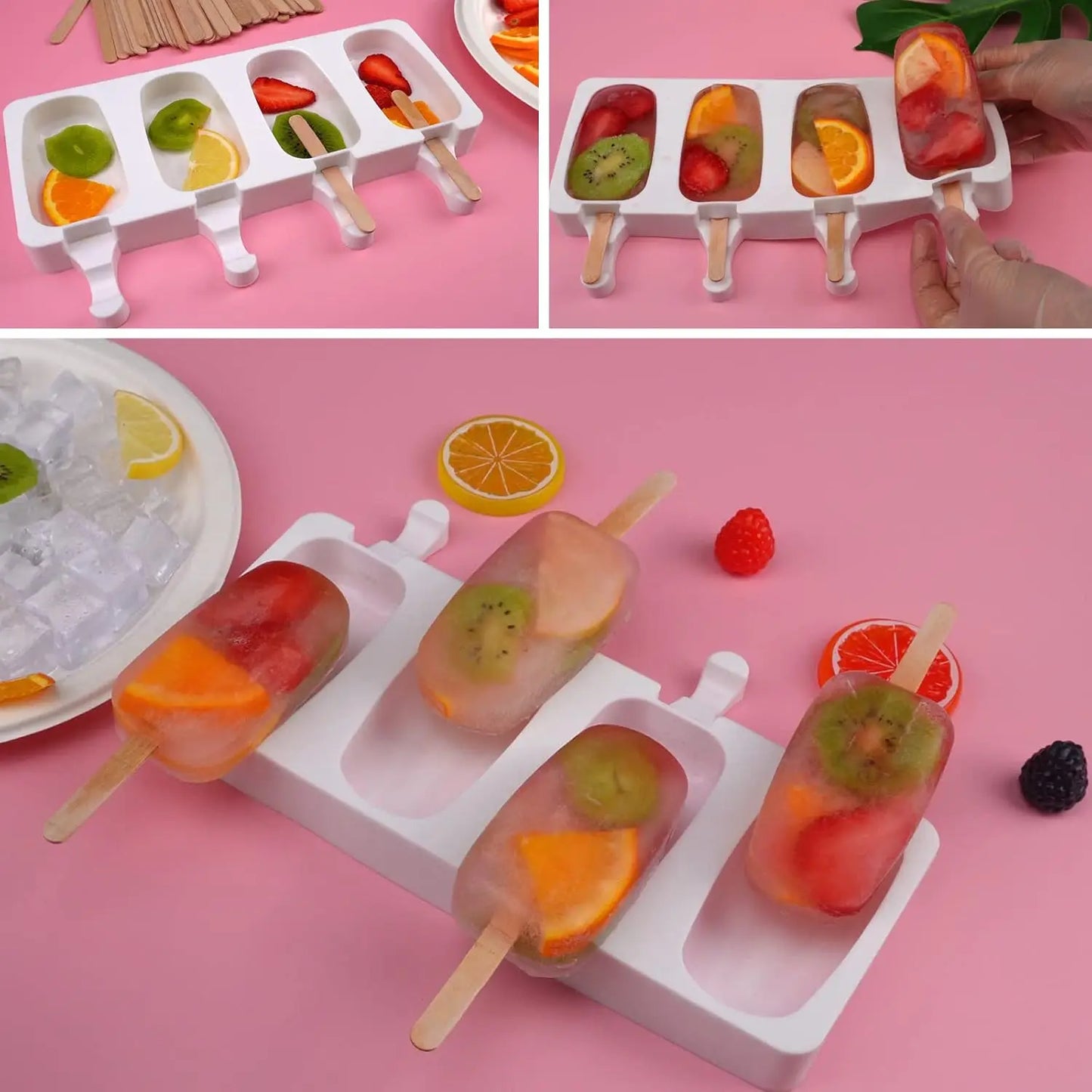 2-Pack White Silicone Popsicle Molds, 4-Cav Oval. Includes 50 sticks for cake pops, ice cream.