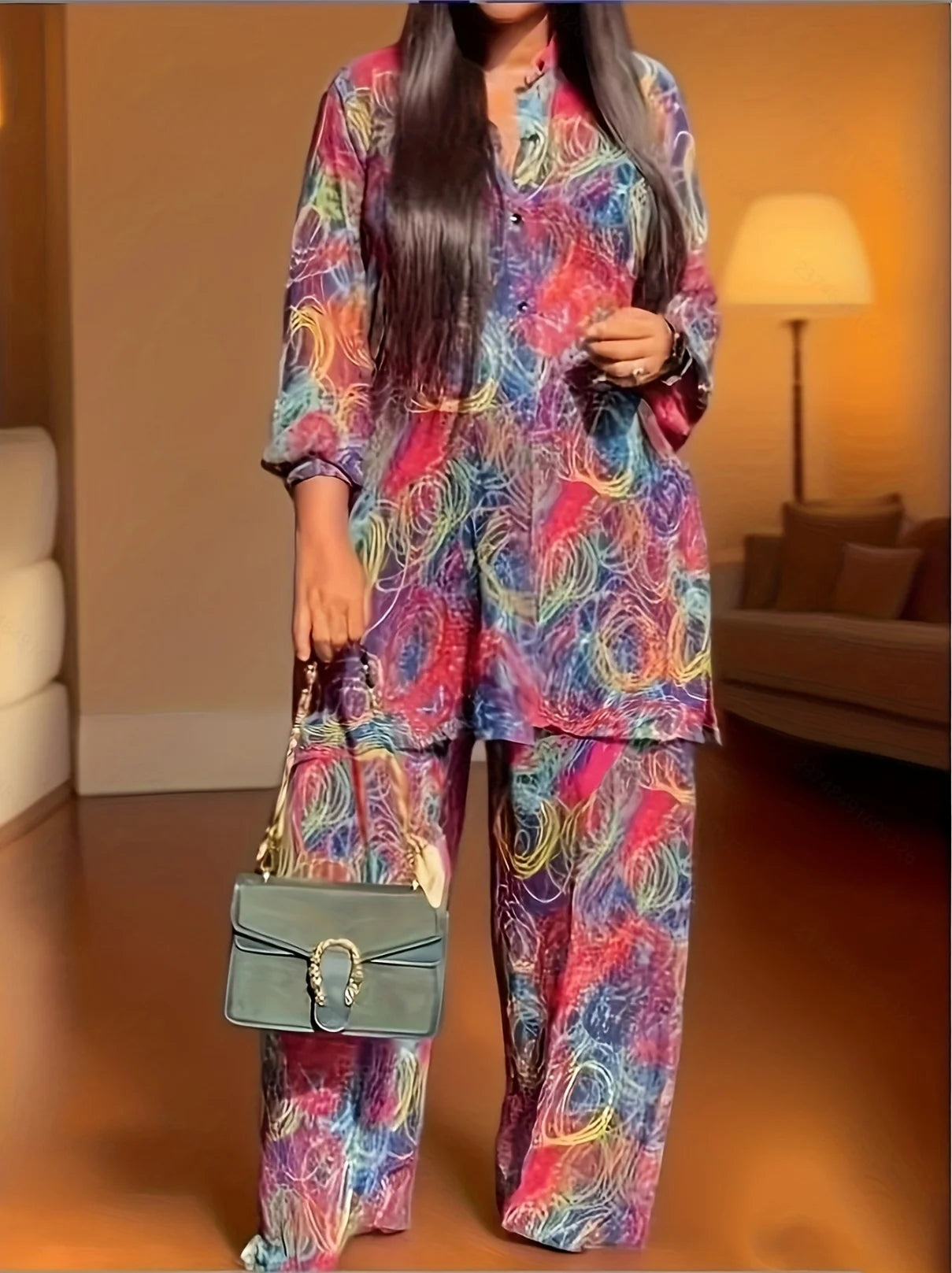 Women's Large Size Fashion Color Printed Set Wide Leg Pants