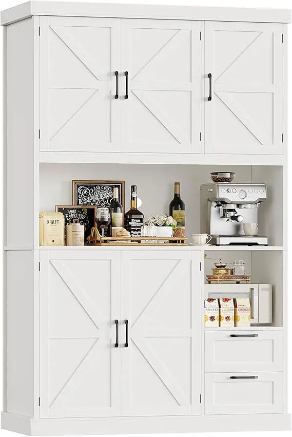 76" Tall Kitchen Pantry Storage Cabinet, Farmhouse Kitchen Hutch Cabinet with Microwave Stand, 47" Wide Food Pantry with Drawer