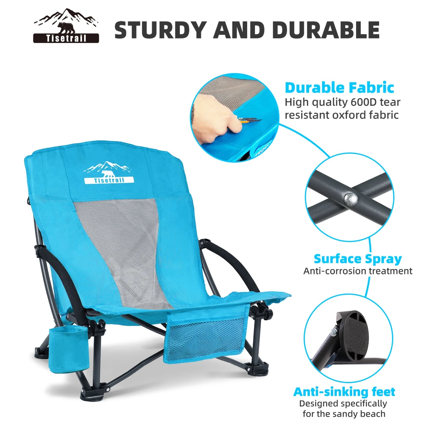 Tisetrail 2 Pack Portable Beach Chair with Cooler Bag Low Back Sling Chair with Cup Holder Folding Mesh Sand Chair Portable
