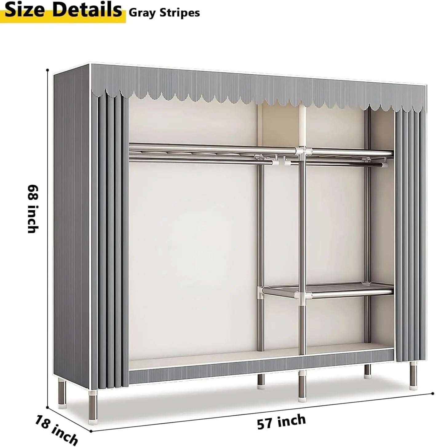 Portable Closet Closet Wardrobe, Wardrobe Rack with Cover, Gray Stripes, Storage Closet for Hanging Clothes, Equipped with Alloy