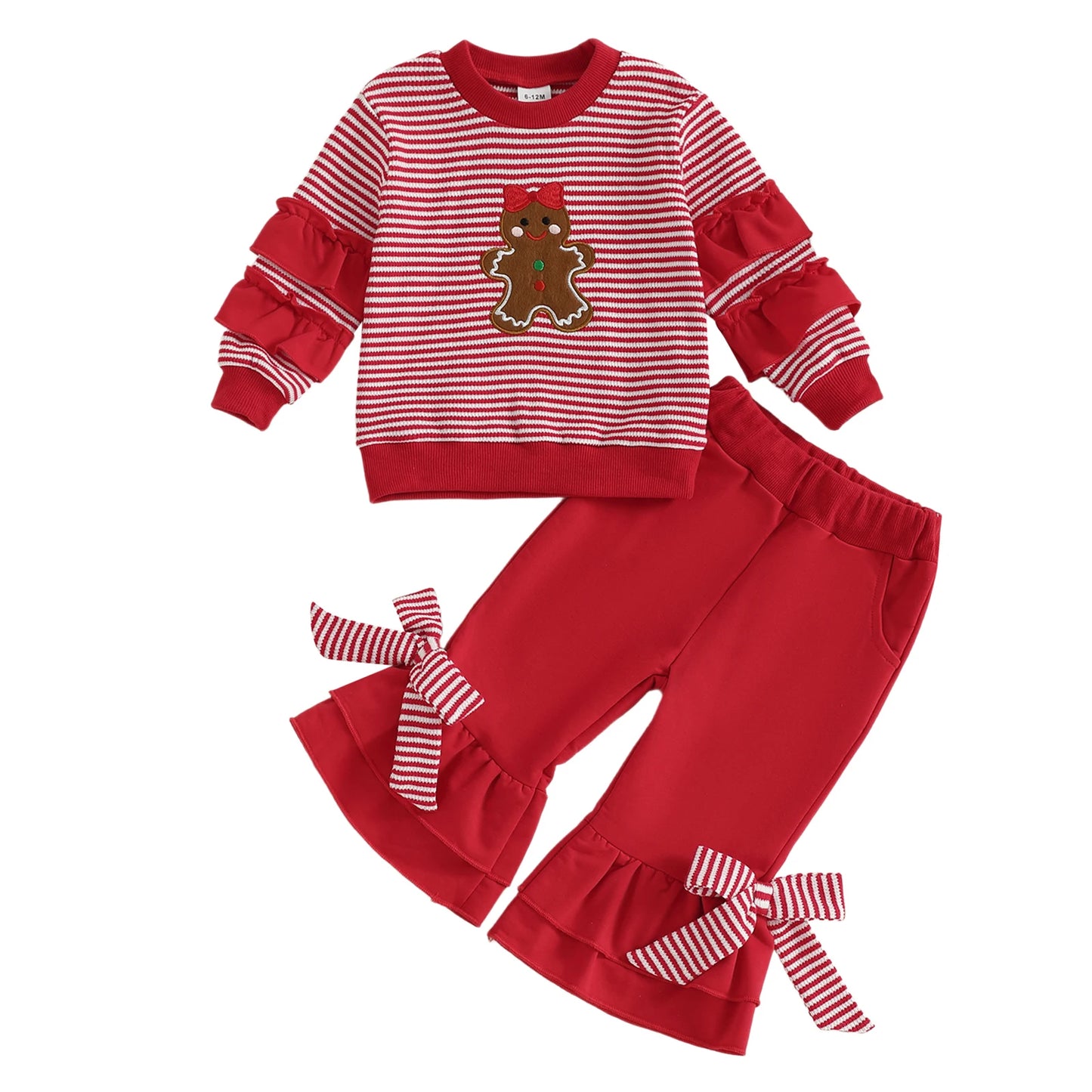 Toddler Girl Christmas Outfits Reindeer Print Long Sleeve Round Neck Pullover Elastic Waist Bow Flare Pants 2 Pcs Set -