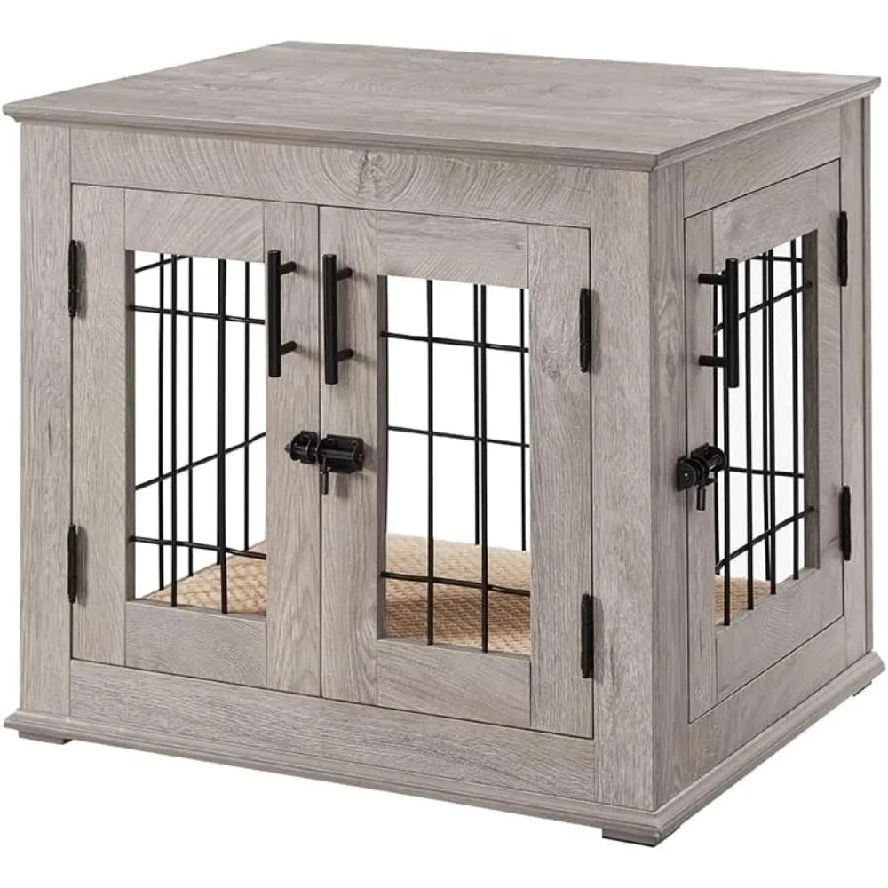 Double Door Wooden and Wire Dog Crate with Built-in Pet Bed and Decorative End Table Style