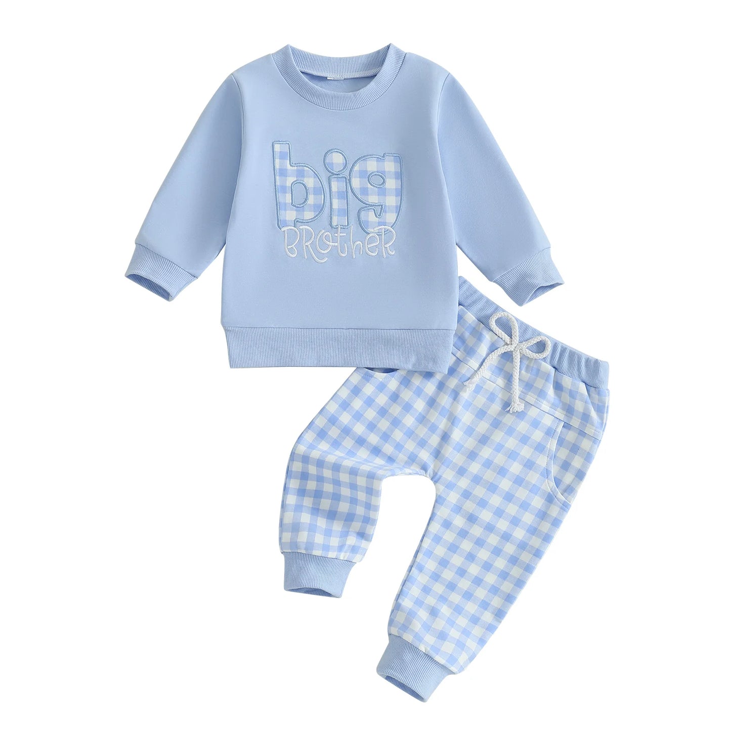 Toddler Boy Autumn Outfit with Letter Embroidery Sweatshirt and Plaid Pants Set for Baby Boys Long Sleeve Elastic Clothes