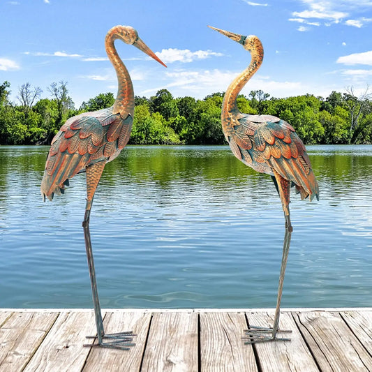 Crane Garden Statues Set of 2,Standing Metal Crane Sculptures Bird Ornament Yard Decorations for Lawn Backyard Patio Outdoor