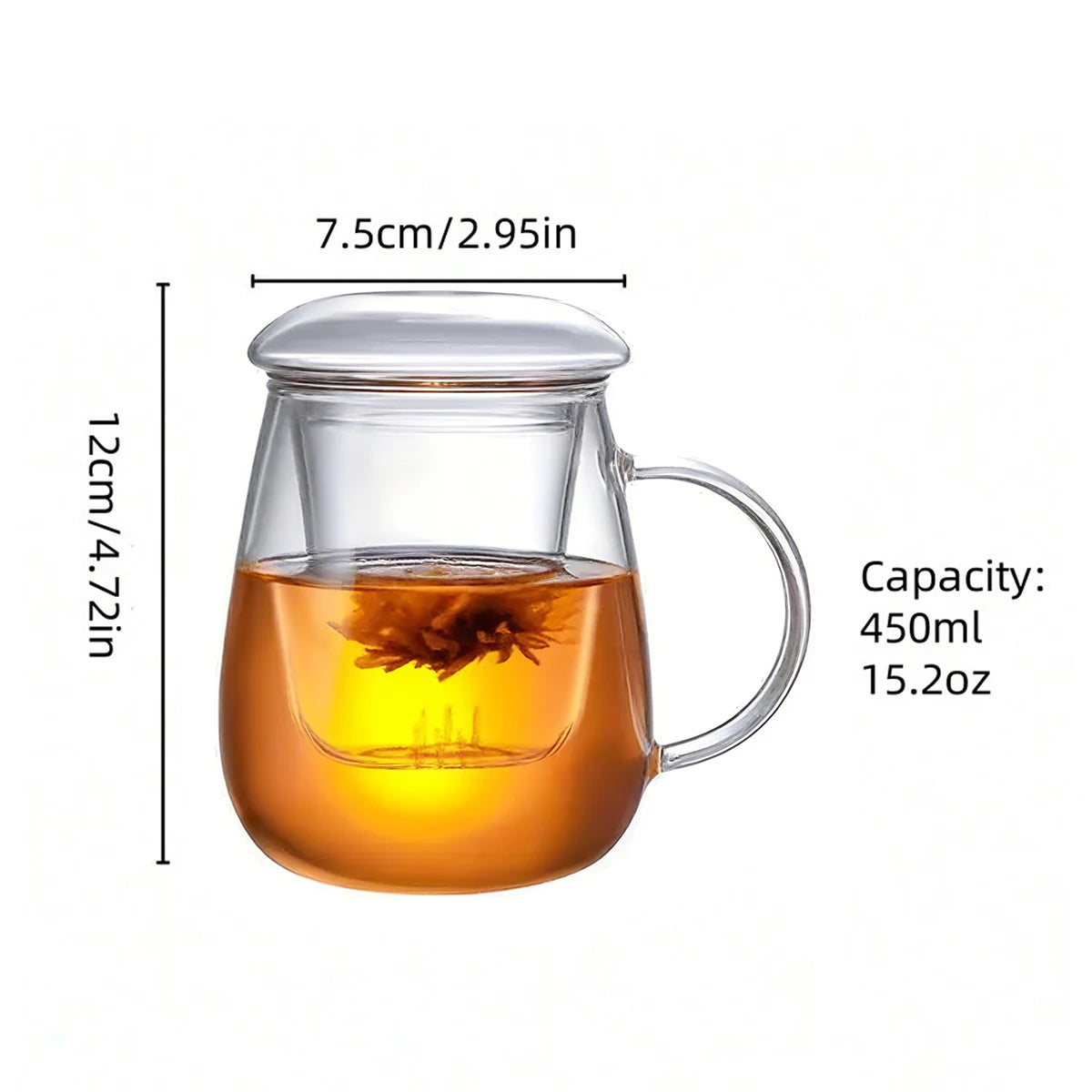 4pcs, 450ml/15.2oz glass cup, tea set with lid and filter, durable, easy to clean, suitable for home and office tea brewing