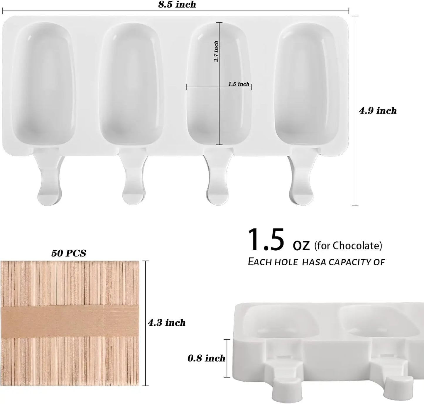 2-Pack White Silicone Popsicle Molds, 4-Cav Oval. Includes 50 sticks for cake pops, ice cream.