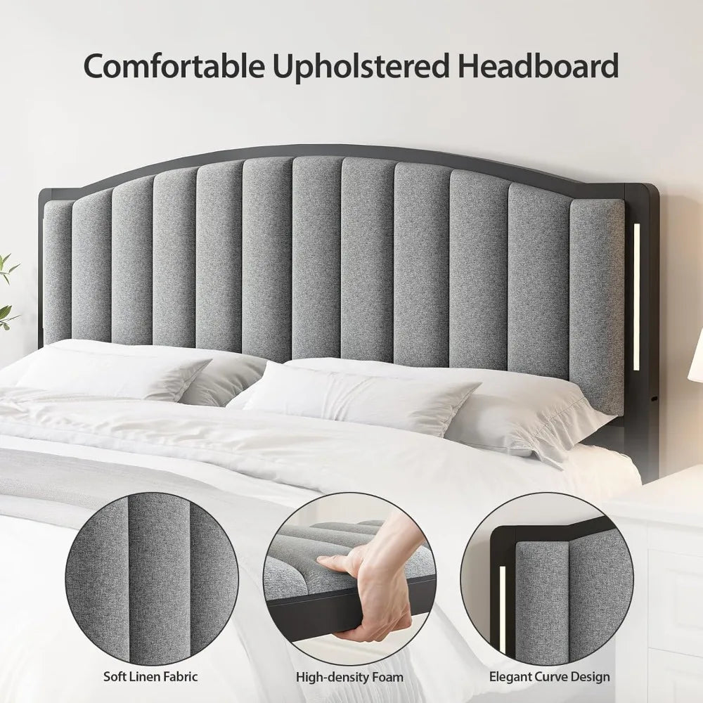 King Size Bed with LED Lights, Upholstered Vertical Channel Tufting Head Boards, Linen Fabric Bed Headboard Only