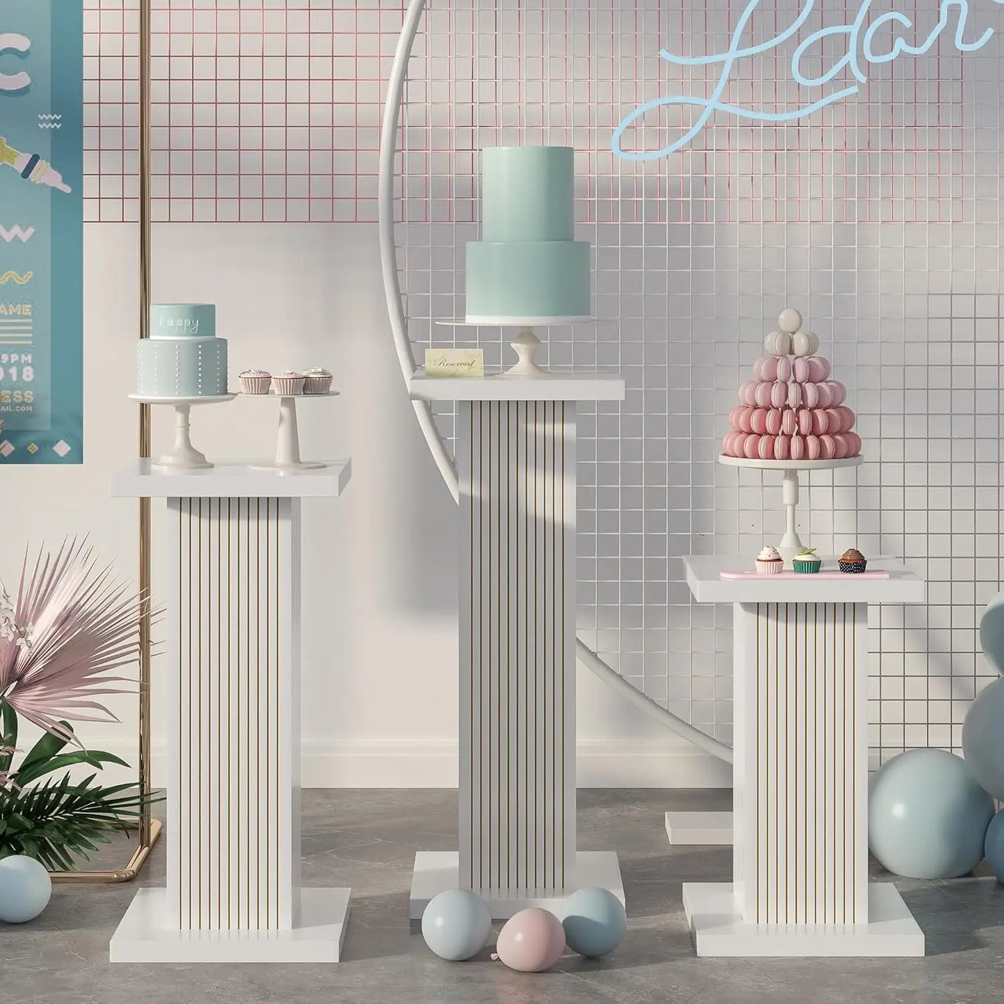 3PCS Square Pedestal Stand for Party,White Wood Display Pedestal Stands for Parties,Fluted Plinth Pillars Table Stands