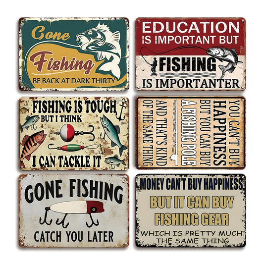 6pcs Vintage Fishing Metal Tin Signs - Humorous Fishing Quotes Wall Art for Man Cave, Bar, Lake House Decor,Gift for Anglers