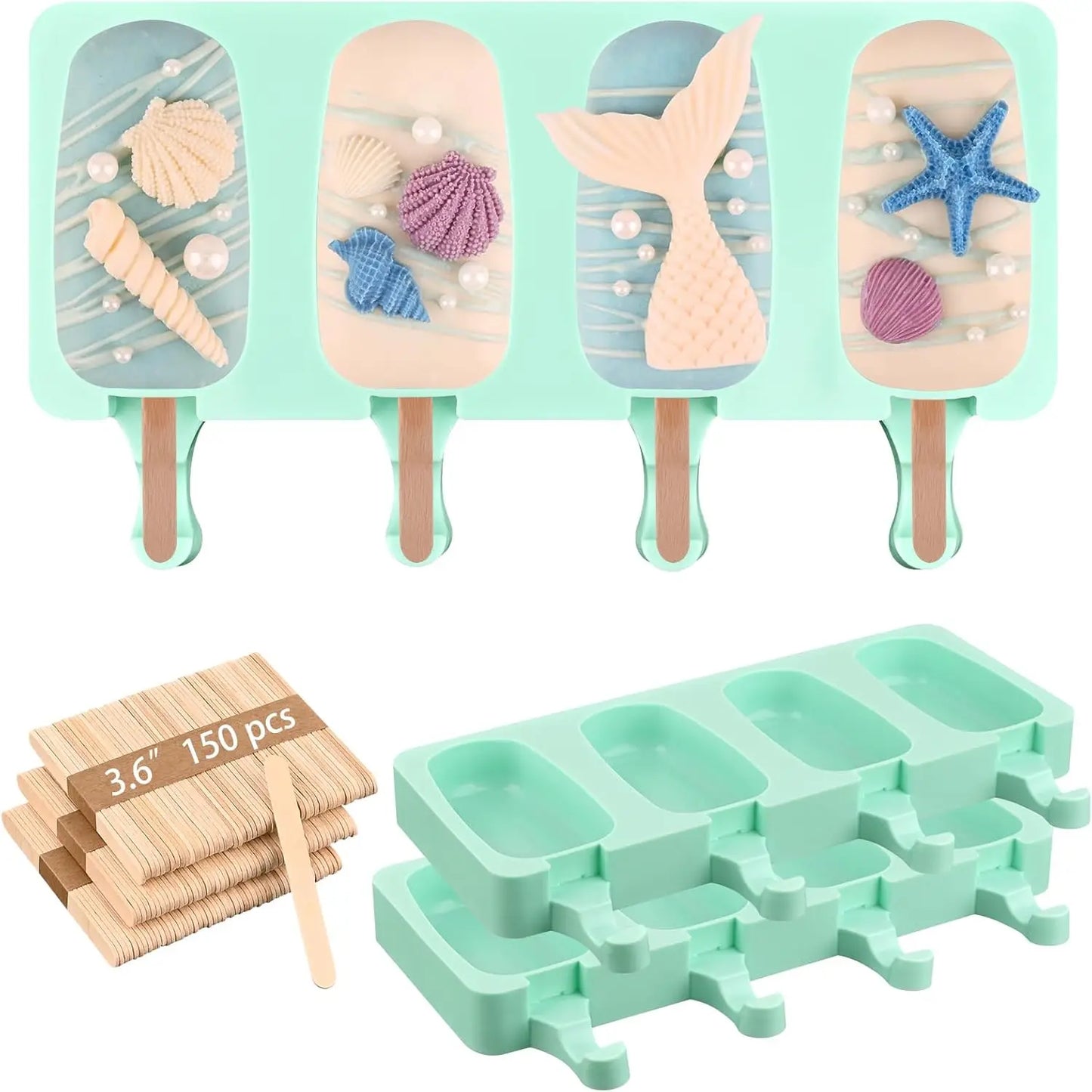 2-Pack White Silicone Popsicle Molds, 4-Cav Oval. Includes 50 sticks for cake pops, ice cream.