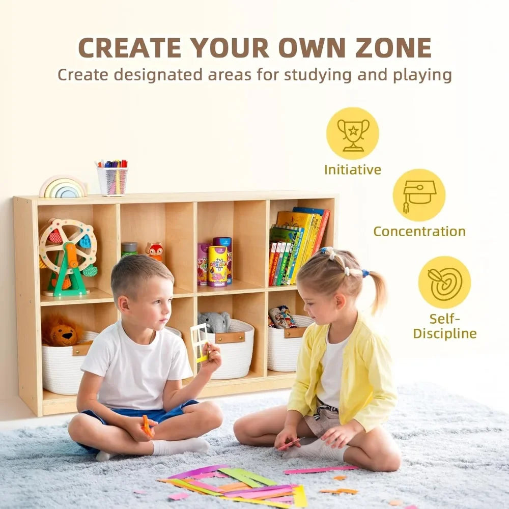 "8-Compartment Wooden Storage Cabinet – Backpack & Toy Organizer – Ideal for Classroom, Playroom, Kindergarten & Library Use"