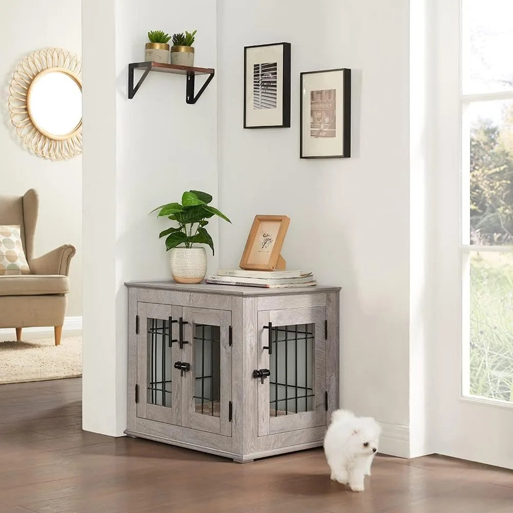Double Door Wooden and Wire Dog Crate with Built-in Pet Bed and Decorative End Table Style