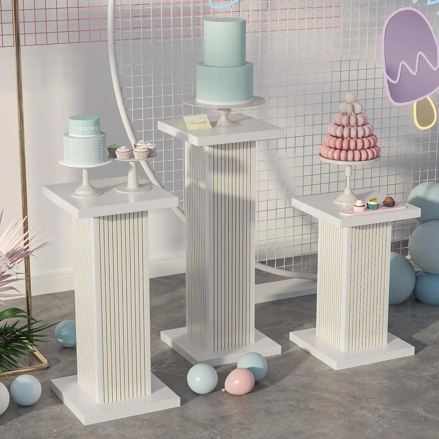 3PCS Square Pedestal Stand for Party,White Wood Display Pedestal Stands for Parties,Fluted Plinth Pillars Table Stands