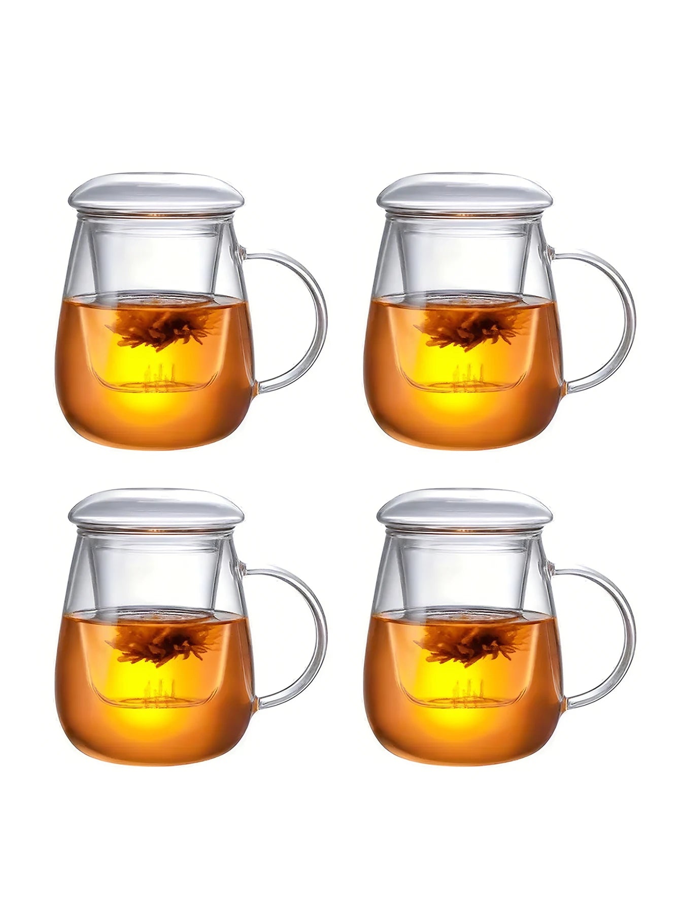 4pcs, 450ml/15.2oz glass cup, tea set with lid and filter, durable, easy to clean, suitable for home and office tea brewing