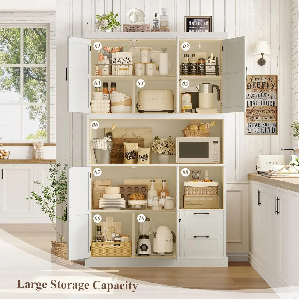 76" Tall Kitchen Pantry Storage Cabinet, Farmhouse Kitchen Hutch Cabinet with Microwave Stand, 47" Wide Food Pantry with Drawer